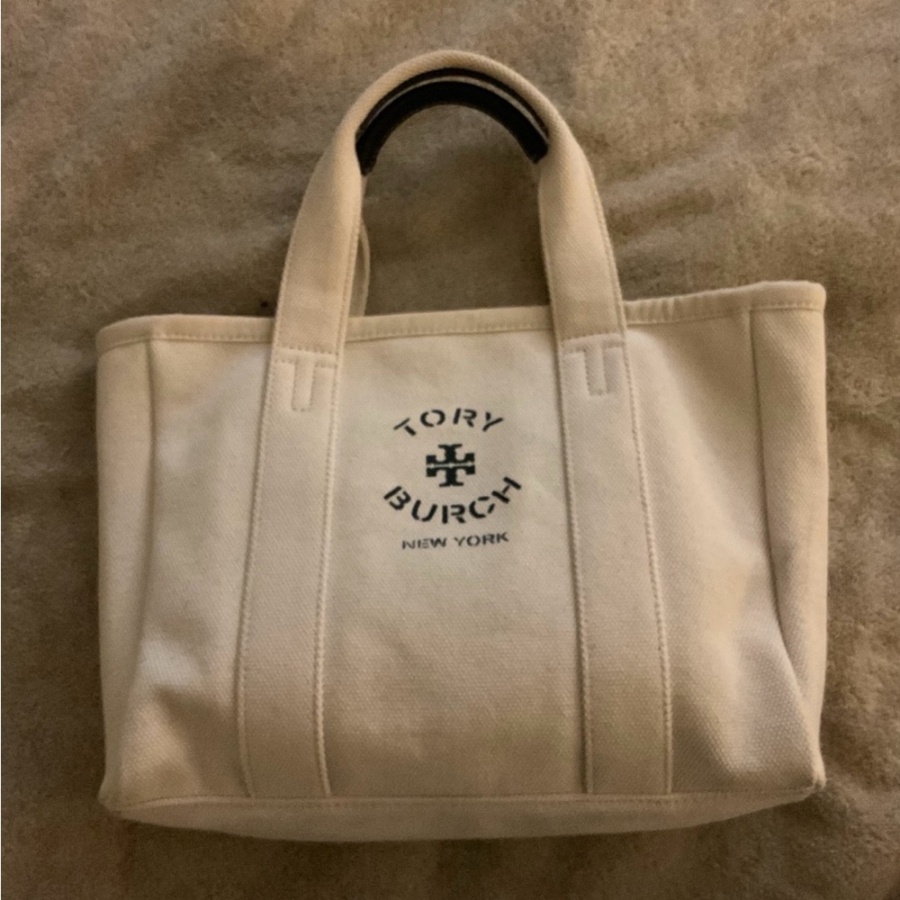 Tory Burch Canvas Logo Mini Tote Bag – Ivory / Black Leather Handles